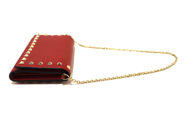 Valentino Garavani Red Vitello Small Rockstuf Flap Wallet on Chain