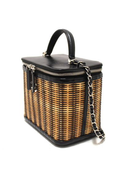 Chanel Black Calfskin and Raffia Vanity Case Shoulder Bag