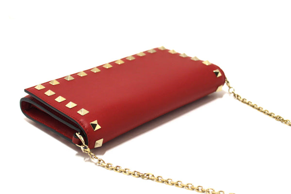 Valentino Garavani Red Vitello Small Rockstuf Flap Wallet on Chain