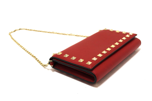 Valentino Garavani Red Vitello Small Rockstuf Flap Wallet on Chain