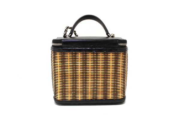 Chanel Black Calfskin and Raffia Vanity Case Shoulder Bag