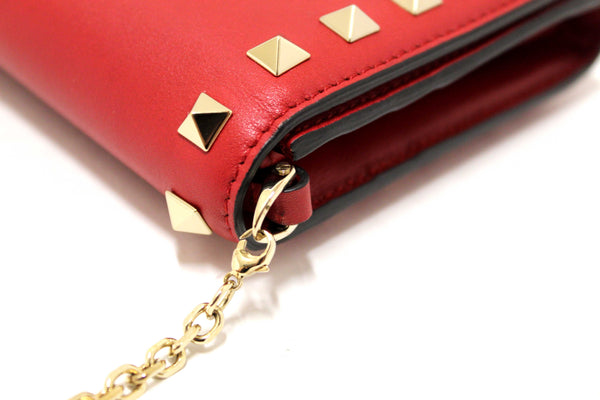 Valentino Garavani Red Vitello Small Rockstuf Flap Wallet on Chain