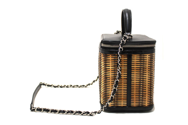 Chanel Black Calfskin and Raffia Vanity Case Shoulder Bag