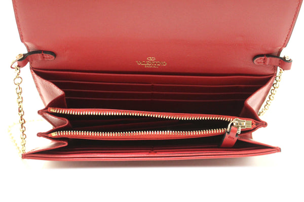 Valentino Garavani Red Vitello Small Rockstuf Flap Wallet on Chain