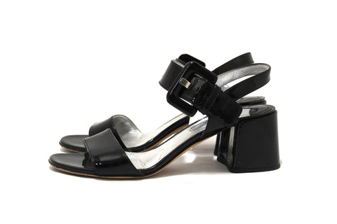 Prada Black Patent Leather Block Heel Ankle Strap Slingblack Sandal Size 38.5