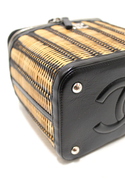 Chanel Black Calfskin and Raffia Vanity Case Shoulder Bag