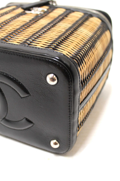 Chanel Black Calfskin and Raffia Vanity Case Shoulder Bag