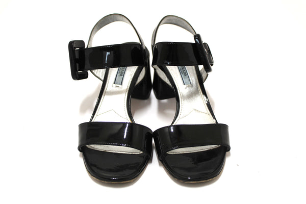 Prada Black Patent Leather Block Heel Ankle Strap Slingblack Sandal Size 38.5