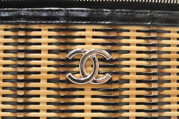 Chanel Black Calfskin and Raffia Vanity Case Shoulder Bag