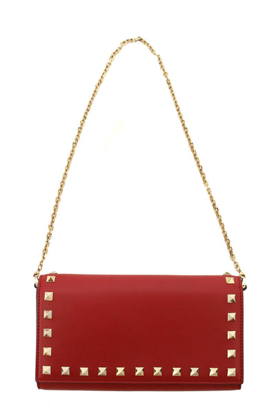 Valentino Garavani Red Vitello Small Rockstuf Flap Wallet on Chain