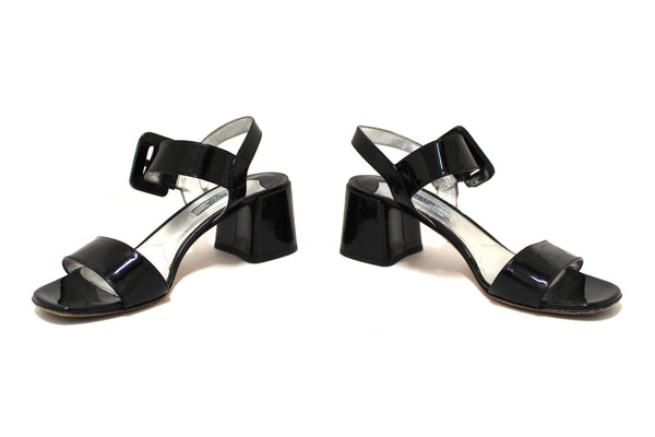 Prada Black Patent Leather Block Heel Ankle Strap Slingblack Sandal Size 38.5