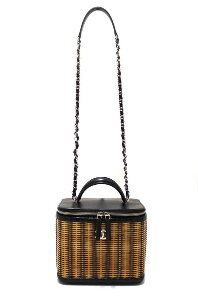 Chanel Black Calfskin and Raffia Vanity Case Shoulder Bag