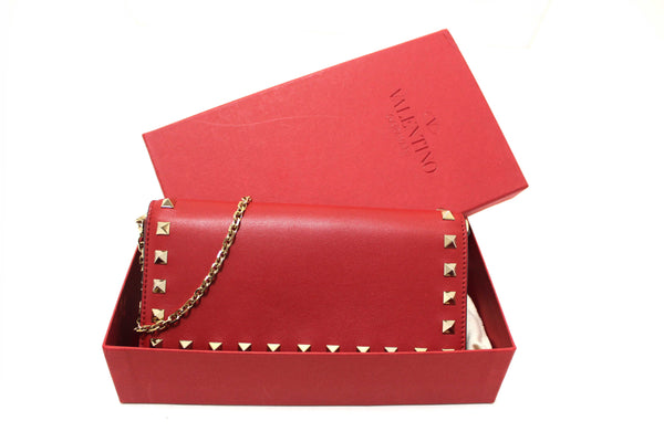 Valentino Garavani Red Vitello Small Rockstuf Flap Wallet on Chain