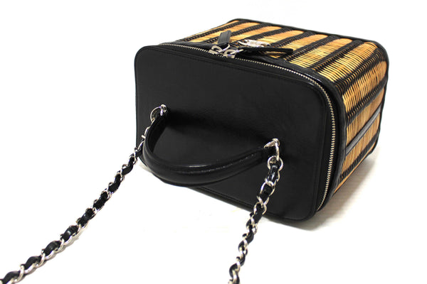 Chanel Black Calfskin and Raffia Vanity Case Shoulder Bag