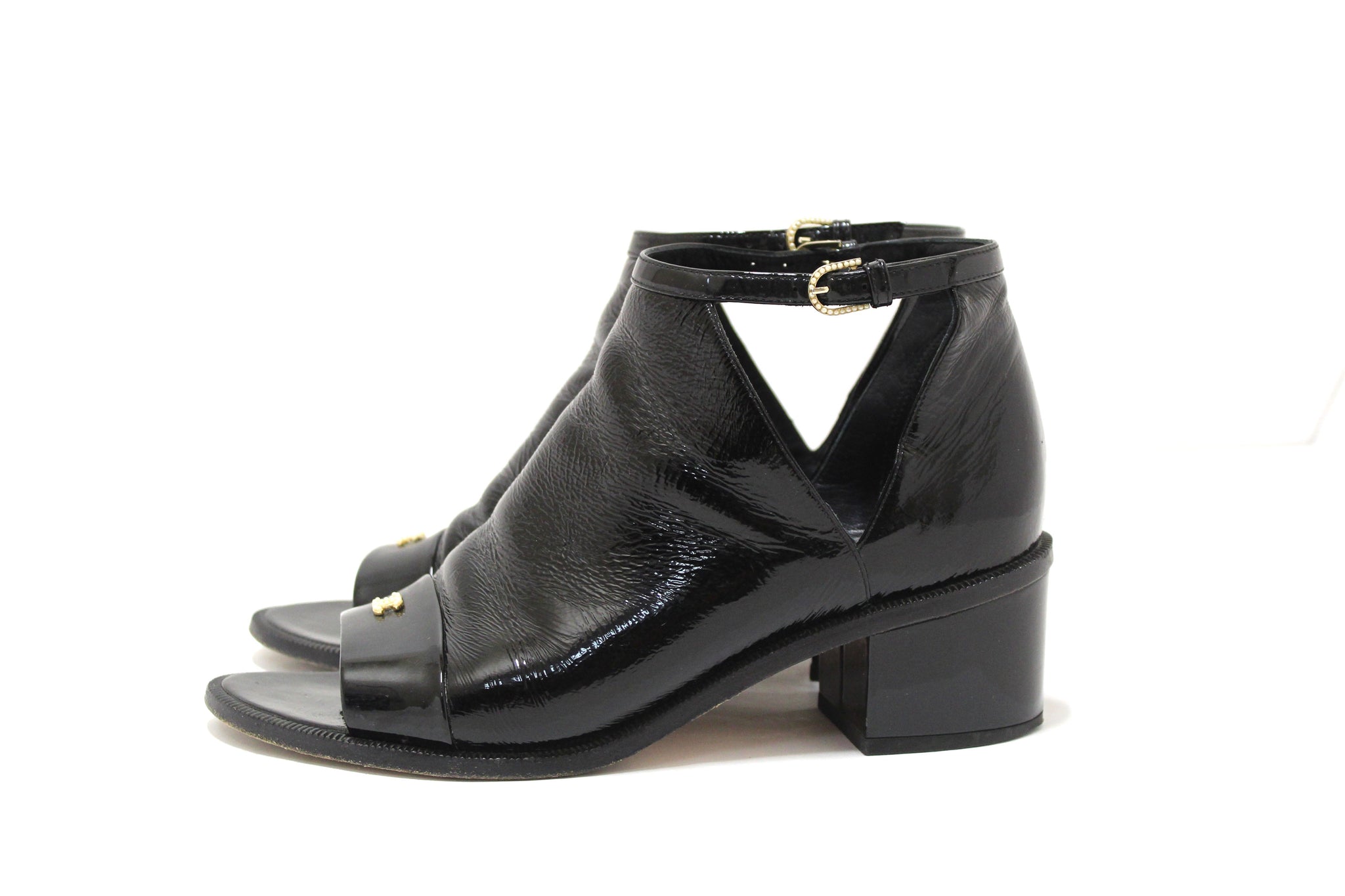 Chanel Black Patent Leather Peep Toe Short Ankle Boots 38.5 | Italystation.com - Shop Now at italystation.com