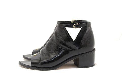 Chanel Black Patent Leather Peep Toe Short Ankle Boots 38.5 | Italystation.com - Shop Now at italystation.com