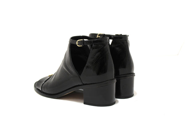 Chanel Black Patent Leather Peep Toe Short Ankle Boots 38.5 | Italystation.com - Shop Now at italystation.com