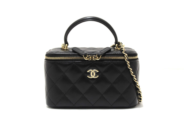 Chanel Black Quilted Lambskin Leather Top Handle Vanity Case with Chain
