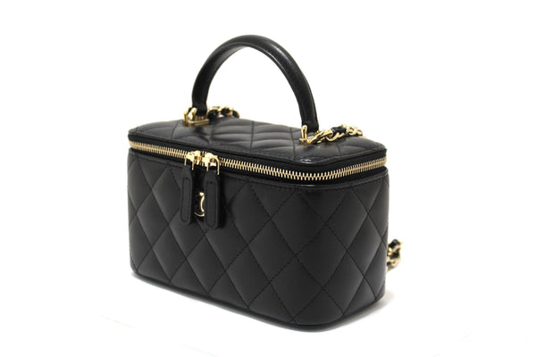 Chanel Black Quilted Lambskin Leather Top Handle Vanity Case with Chain