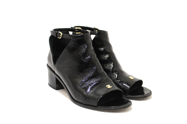 Chanel Black Patent Leather Peep Toe Short Ankle Boots 38.5 | Italystation.com - Shop Now at italystation.com