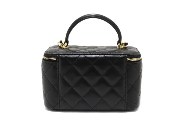 Chanel Black Quilted Lambskin Leather Top Handle Vanity Case with Chain