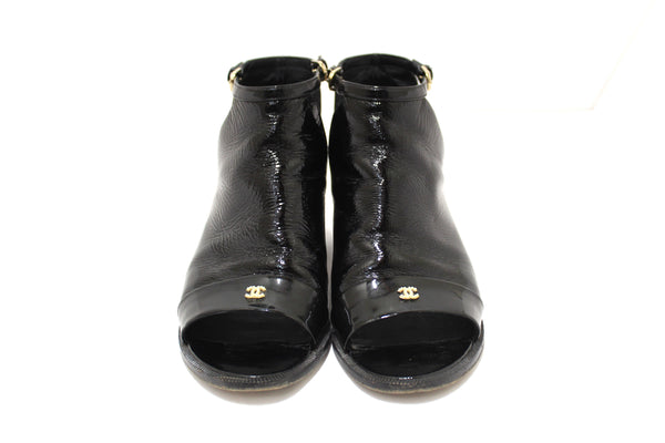 Chanel Black Patent Leather Peep Toe Short Ankle Boots 38.5 | Italystation.com - Shop Now at italystation.com