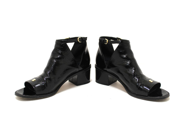 Chanel Black Patent Leather Peep Toe Short Ankle Boots 38.5 | Italystation.com - Shop Now at italystation.com