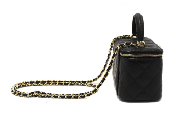 Chanel Black Quilted Lambskin Leather Top Handle Vanity Case with Chain