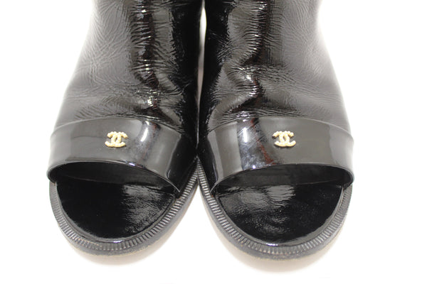 Chanel Black Patent Leather Peep Toe Short Ankle Boots 38.5 | Italystation.com - Shop Now at italystation.com