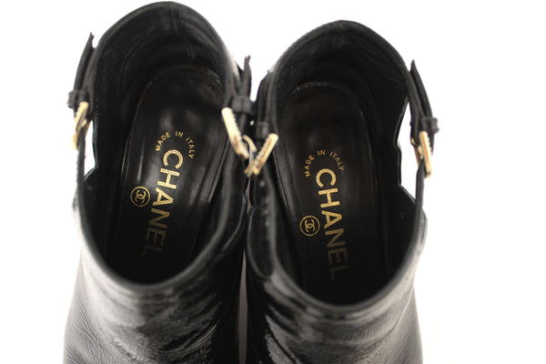 Chanel Black Patent Leather Peep Toe Short Ankle Boots 38.5 | Italystation.com - Shop Now at italystation.com