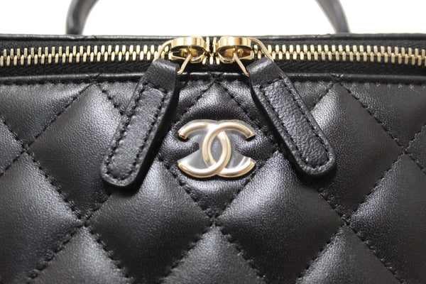 Chanel Black Quilted Lambskin Leather Top Handle Vanity Case with Chain