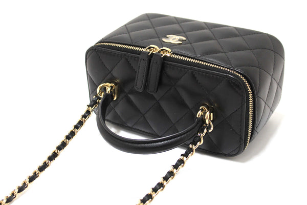 Chanel Black Quilted Lambskin Leather Top Handle Vanity Case with Chain