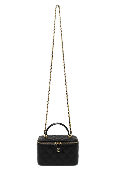 Chanel Black Quilted Lambskin Leather Top Handle Vanity Case with Chain