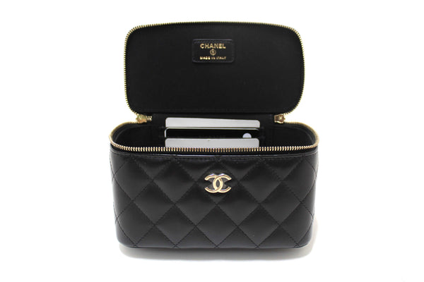 Chanel Black Quilted Lambskin Leather Top Handle Vanity Case with Chain