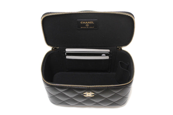 Chanel Black Quilted Lambskin Leather Top Handle Vanity Case with Chain