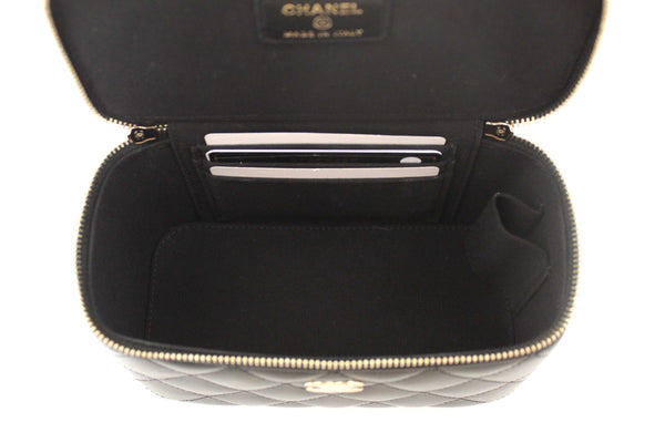 Chanel Black Quilted Lambskin Leather Top Handle Vanity Case with Chain