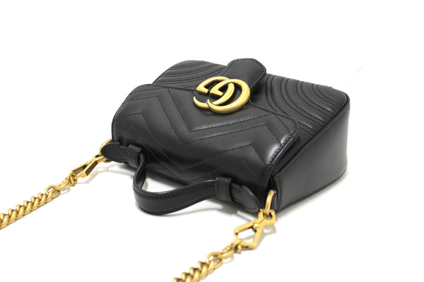 Gucci Black Leather GG Marmont Mini Top Handle Bag