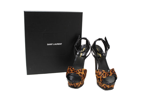 Saint Laurent Black Python And Leopard Pony Leather Tribute Platform Sandals Size 37.5
