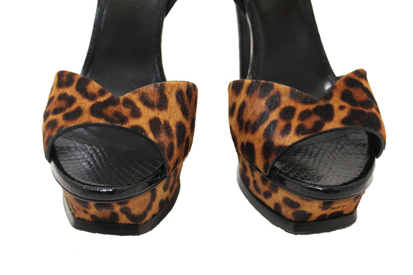Saint Laurent Black Python And Leopard Pony Leather Tribute Platform Sandals Size 37.5