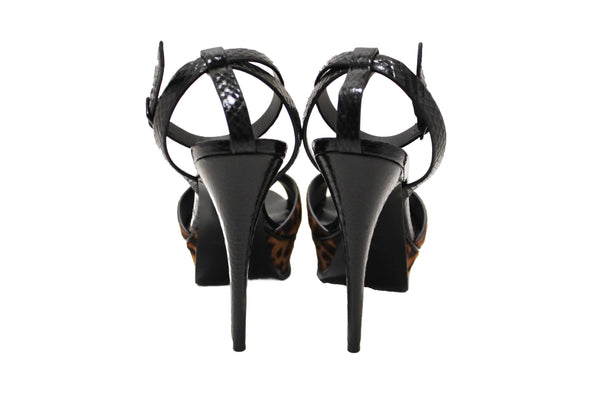 Saint Laurent Black Python And Leopard Pony Leather Tribute Platform Sandals Size 37.5