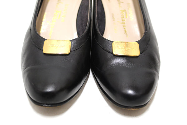 Authentic Salvatore Ferragamo Calfskin Black Leather Pumps Size 6.5C