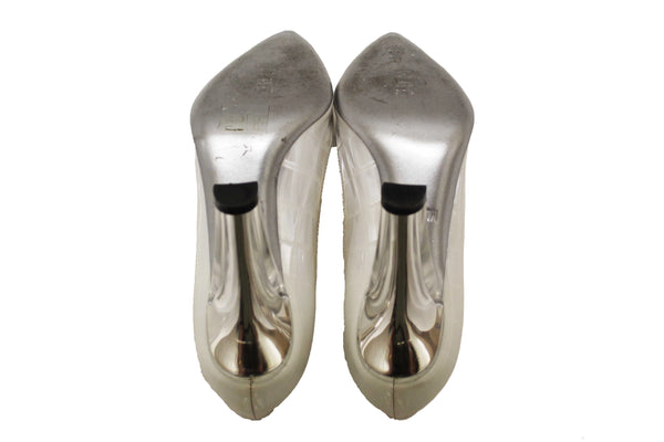Moschino Patent White and Silver Leather Metallic Heels Size 37.5
