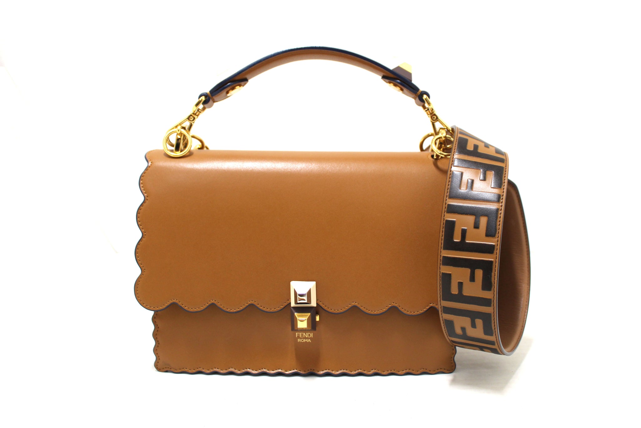 Fendi Brown Scallop Leather Mini I Kan Chain Shoulder Bag with Extra F Italy Station