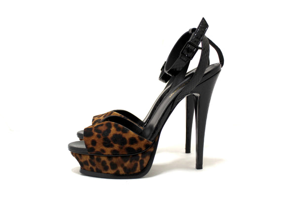 Saint Laurent Black Python And Leopard Pony Leather Tribute Platform Sandals Size 37.5