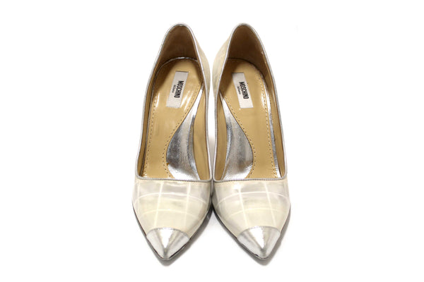 Moschino Patent White and Silver Leather Metallic Heels Size 37.5