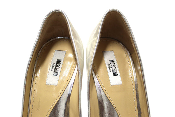 Moschino Patent White and Silver Leather Metallic Heels Size 37.5