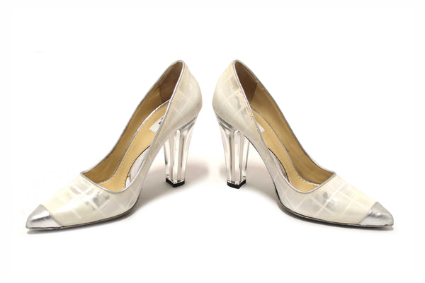 Moschino Patent White and Silver Leather Metallic Heels Size 37.5