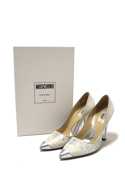 Moschino Patent White and Silver Leather Metallic Heels Size 37.5