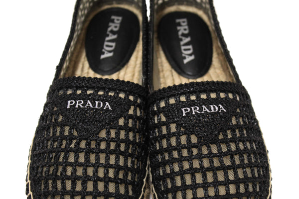 NEW Prada Black Crochet Espadrilles Shoes Size 38