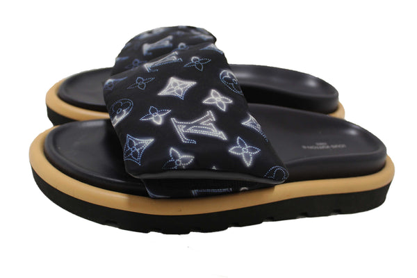 Louis Vuitton Navy Blue Nylon Monogram Womens Pool Pillow Comfort Mules Size 38